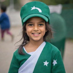 A cheerful young girl dressed in a garment resembling the Pakistani flag, wearing a cap symbolizing the Bangladesh flag and proudly holding an Indian flag.