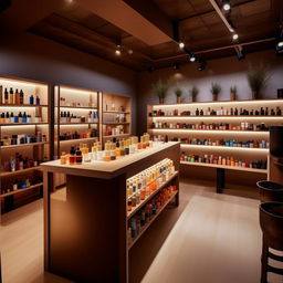 Intimate live perfume creation studio, 10 feet wide, 3 feet long, with interactive crafting tables, shelves of essential oils, and a cozy, immersive ambiance for customers.