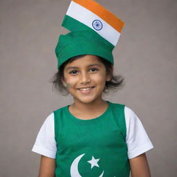 A cheerful young girl dressed in a garment resembling the Pakistani flag, wearing a cap symbolizing the Bangladesh flag and proudly holding an Indian flag.