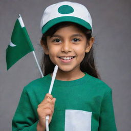 A cheerful young girl dressed in a garment resembling the Pakistani flag, wearing a cap symbolizing the Bangladesh flag and proudly holding an Indian flag.