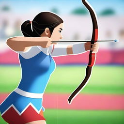 A high-resolution image features a young female archer at the Olympics