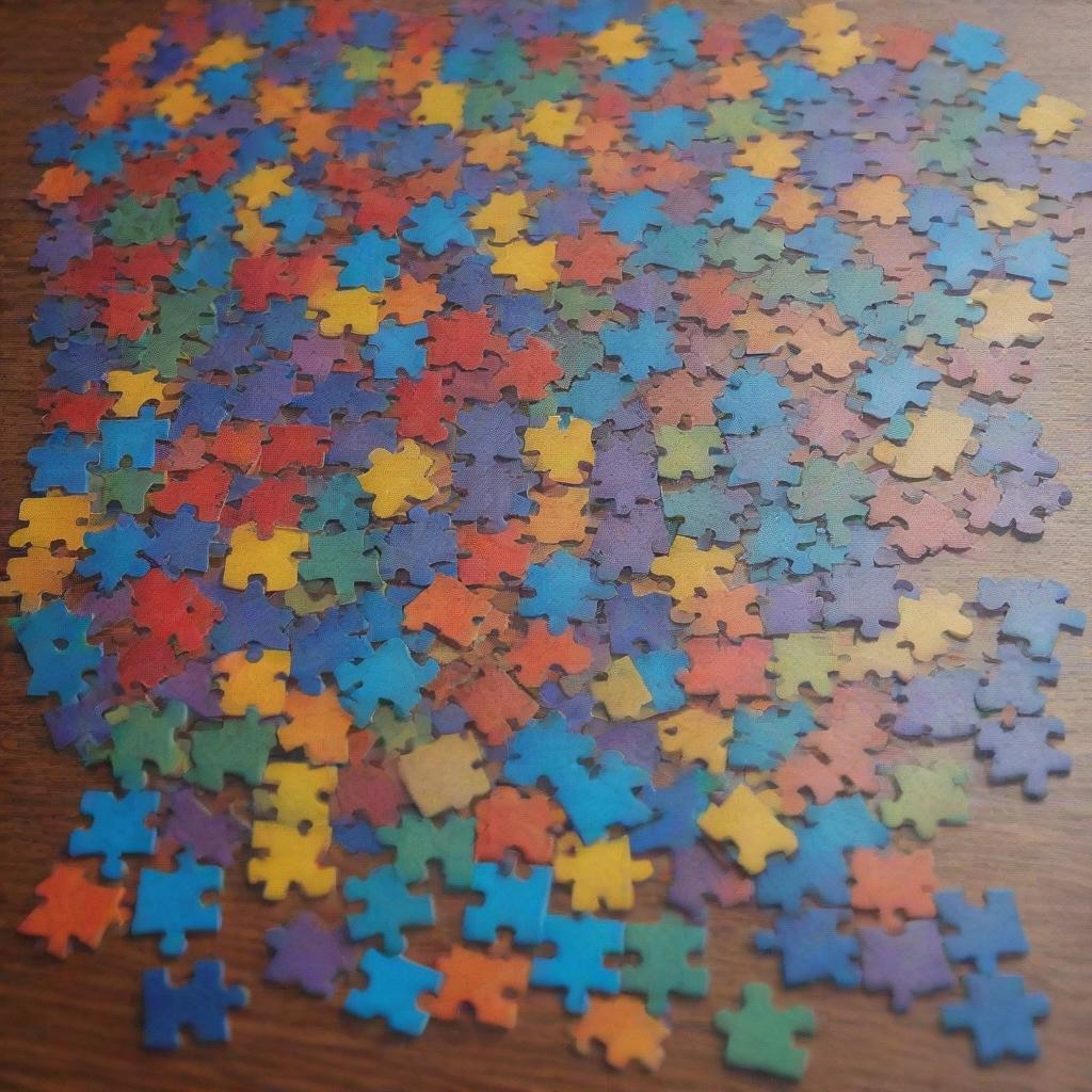 A complex, multi-colored jigsaw puzzle assembled on a table, pieces fitting together in an intricate pattern, few missing pieces giving it an air of mystery