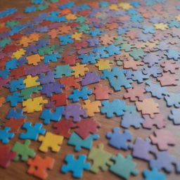 A complex, multi-colored jigsaw puzzle assembled on a table, pieces fitting together in an intricate pattern, few missing pieces giving it an air of mystery