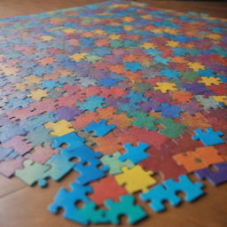 A complex, multi-colored jigsaw puzzle assembled on a table, pieces fitting together in an intricate pattern, few missing pieces giving it an air of mystery