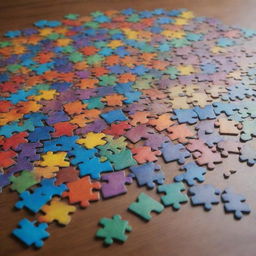 A complex, multi-colored jigsaw puzzle assembled on a table, pieces fitting together in an intricate pattern, few missing pieces giving it an air of mystery