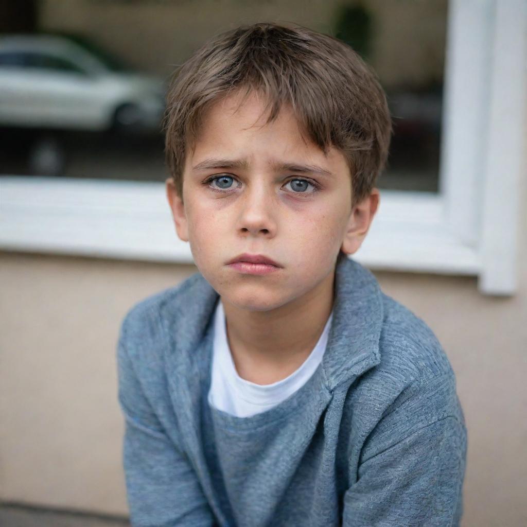 A heartbroken young boy, his eyes filled with sadness yet a subtle defiance. His attire casual and his surroundings reflecting his current mood.