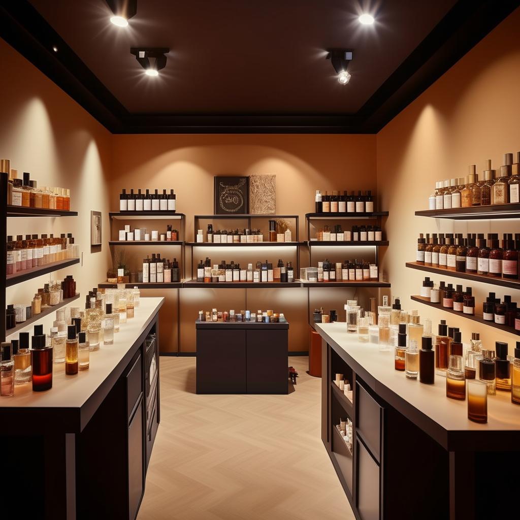 Intimate live perfume creation studio, 10 feet wide, 3 feet long, with interactive crafting tables, shelves of essential oils, and a cozy, immersive ambiance for customers.