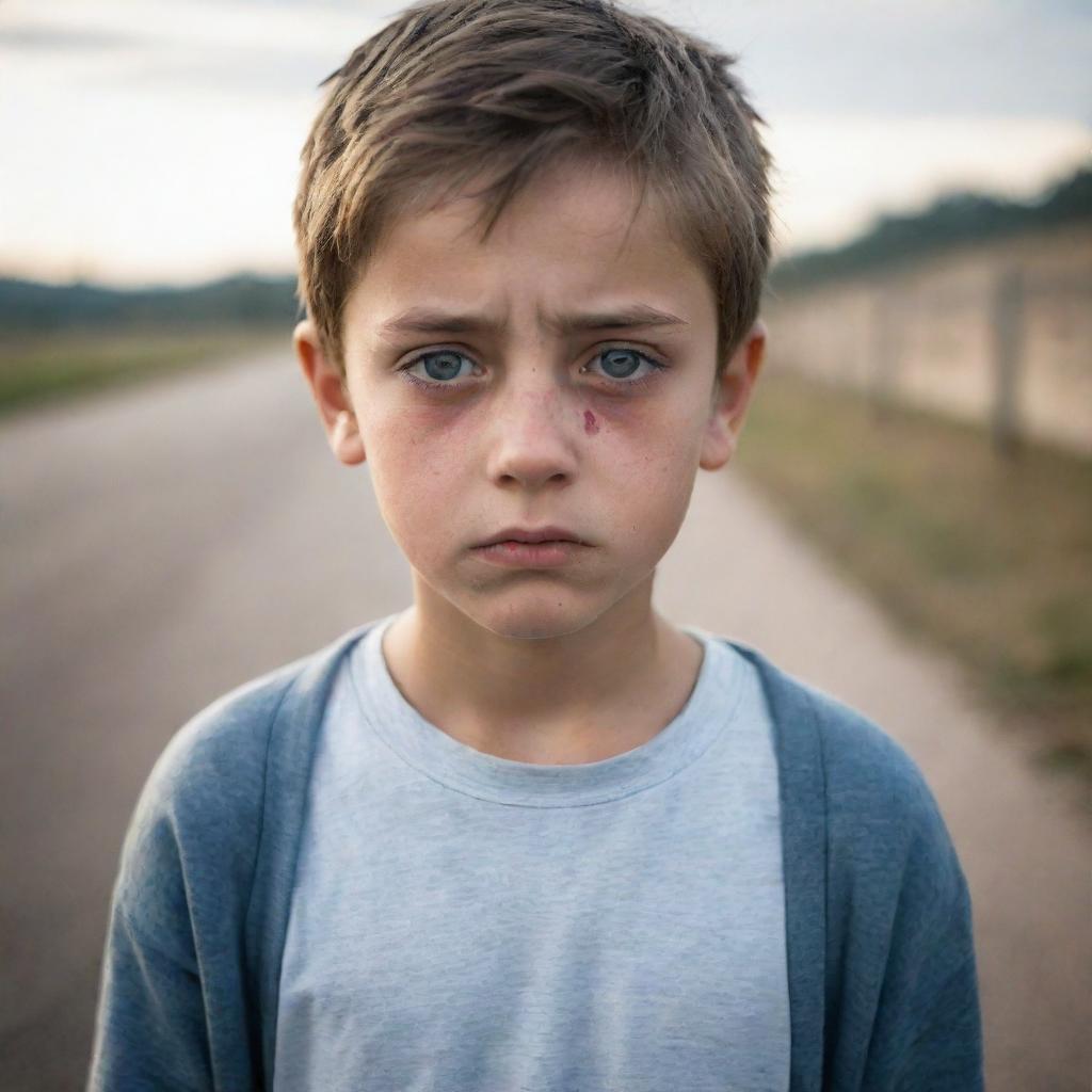 A heartbroken young boy, his eyes filled with sadness yet a subtle defiance. His attire casual and his surroundings reflecting his current mood.