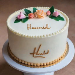 A beautifully decorated cake with the name 'Hamid' elegantly written in icing on the top surface