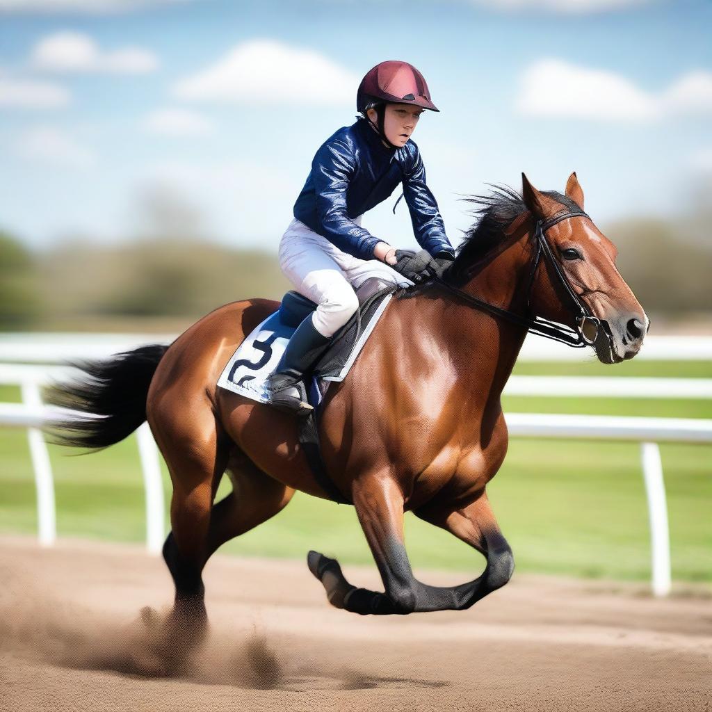 An exhilarating image of a teenage boy participating in a horse race