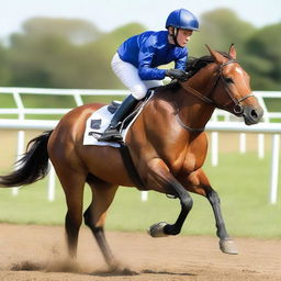 An exhilarating image of a teenage boy participating in a horse race