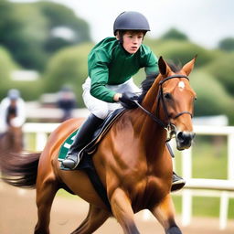 An exhilarating image of a teenage boy participating in a horse race