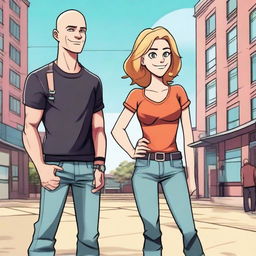 A high-quality digital art illustrating a girl standing next to Jonny Sins