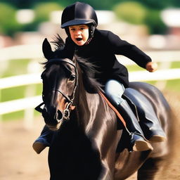 A dynamic image of a young boy engaged in a thrilling horse race, riding a majestic black horse