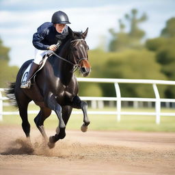 A dynamic image of a young boy engaged in a thrilling horse race, riding a majestic black horse