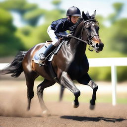 A dynamic image of a young boy engaged in a thrilling horse race, riding a majestic black horse