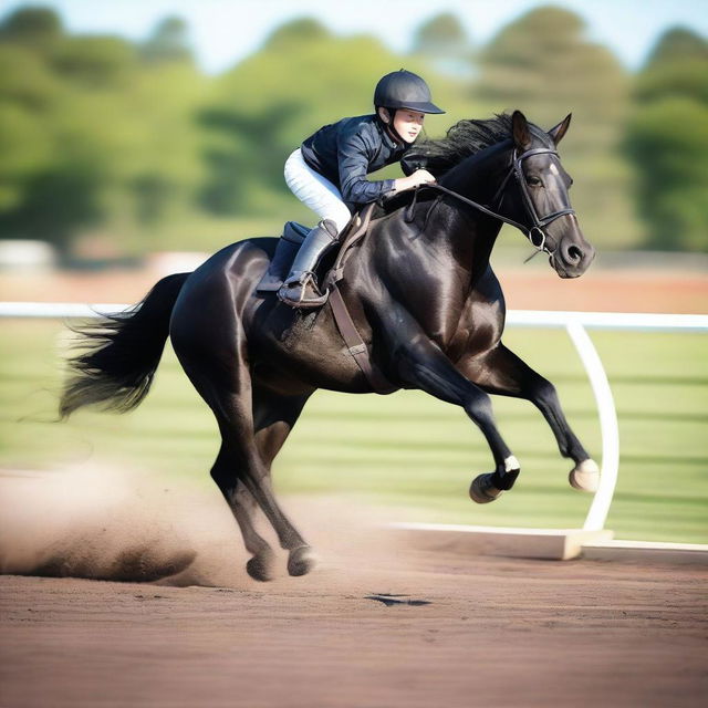 A dynamic image of a young boy engaged in a thrilling horse race, riding a majestic black horse