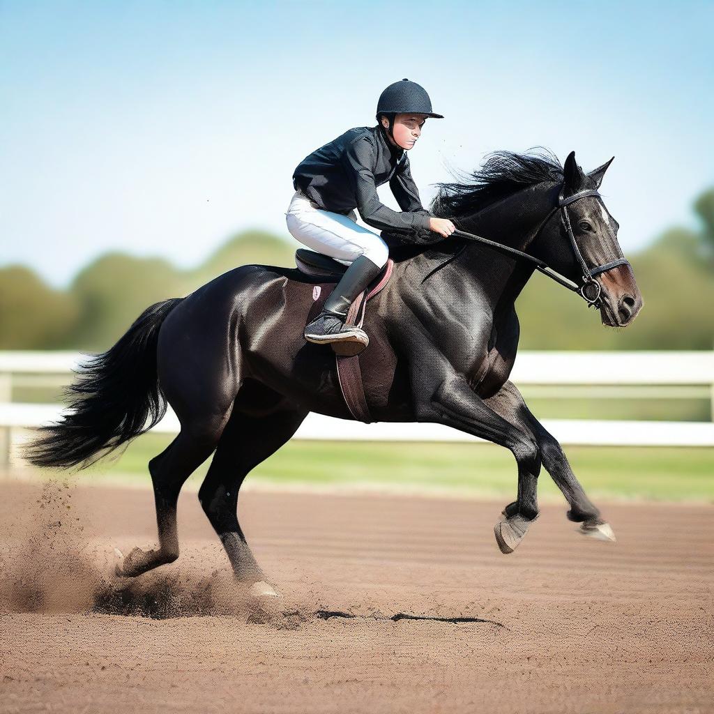 This is a high-resolution image of a teenage boy participating in a horse race atop a stunning black horse