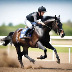 This is a high-resolution image of a teenage boy participating in a horse race atop a stunning black horse