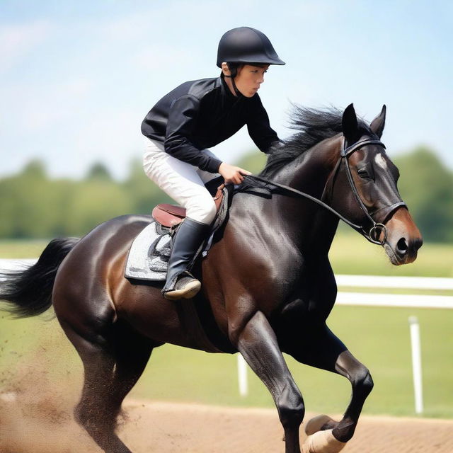 This is a high-resolution image of a teenage boy participating in a horse race atop a stunning black horse