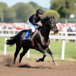 This is a high-resolution image of a teenage boy participating in a horse race atop a stunning black horse