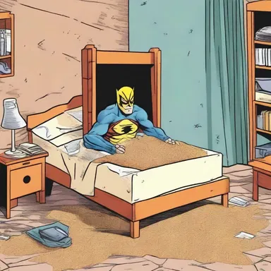 In the comic book series, the superhero has a secret hideout with a peculiar bed consisting of a palliasse filled with enchanted sawdust.