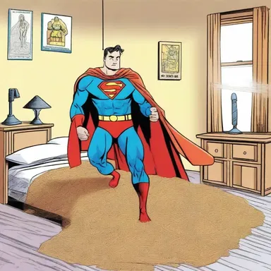 In the comic book series, the superhero has a secret hideout with a peculiar bed consisting of a palliasse filled with enchanted sawdust.