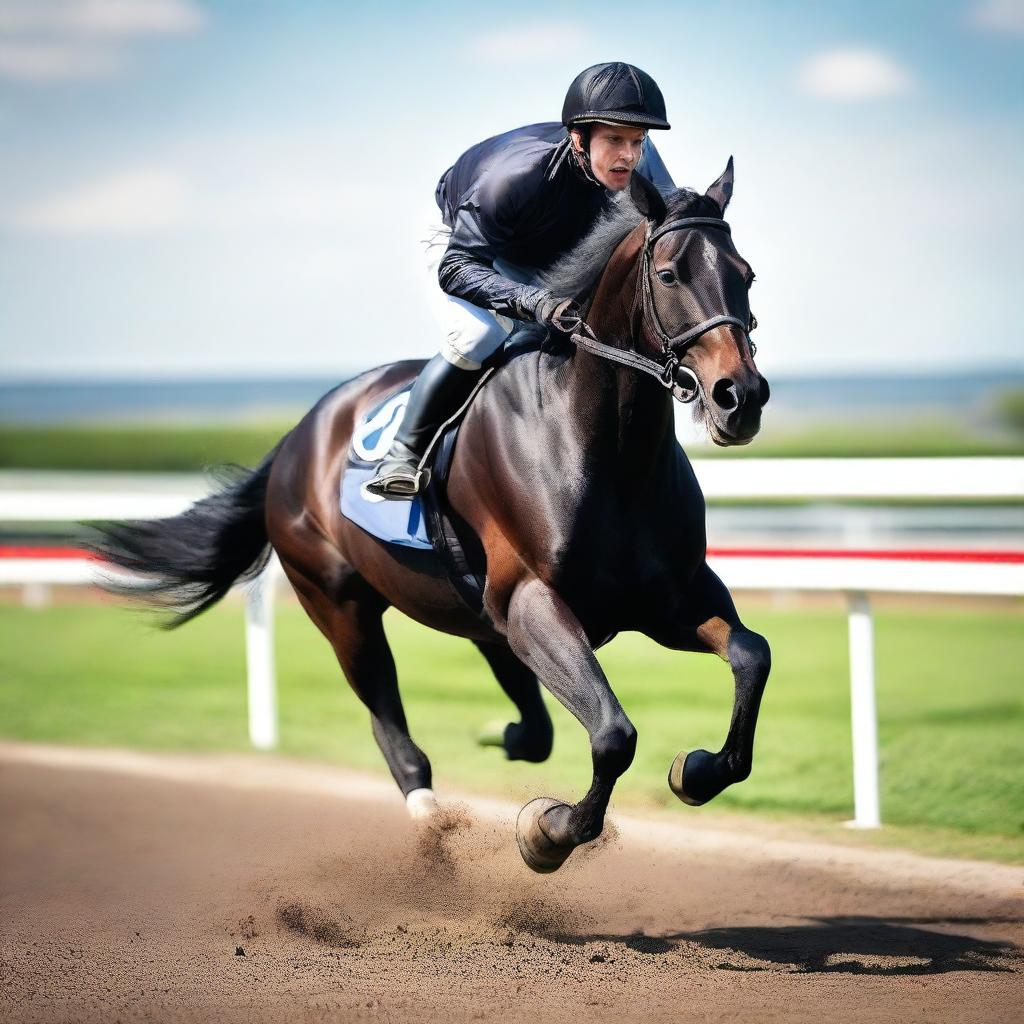 A high-resolution image capturing a young man in his twenties, engaged in a thrilling horse race atop a striking black horse