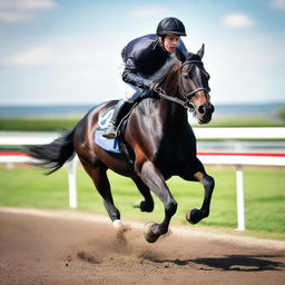 A high-resolution image capturing a young man in his twenties, engaged in a thrilling horse race atop a striking black horse