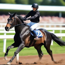 A high-resolution image capturing a young man in his twenties, engaged in a thrilling horse race atop a striking black horse