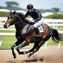 A high-resolution image capturing a young man in his twenties, engaged in a thrilling horse race atop a striking black horse