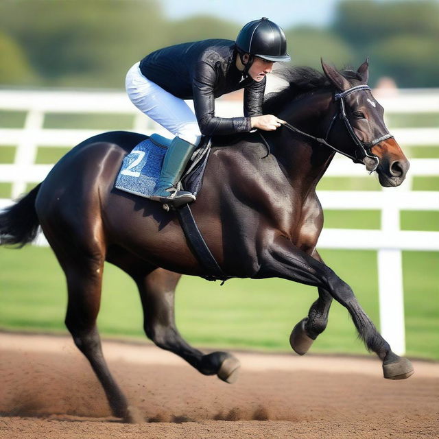 A high-resolution image capturing a young man in his twenties, engaged in a thrilling horse race atop a striking black horse