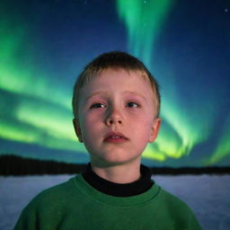 A heartbroken boy, under the breathtaking aurora borealis sky, his face expressing sadness yet fascination by the natural spectacle.