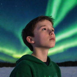 A heartbroken boy, under the breathtaking aurora borealis sky, his face expressing sadness yet fascination by the natural spectacle.