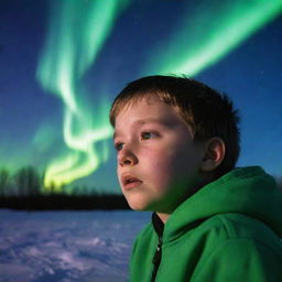 A heartbroken boy, under the breathtaking aurora borealis sky, his face expressing sadness yet fascination by the natural spectacle.