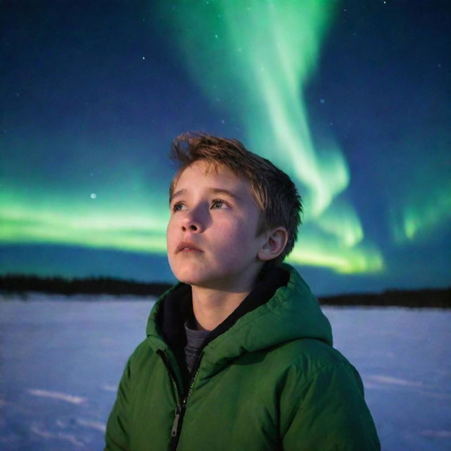 A heartbroken boy, under the breathtaking aurora borealis sky, his face expressing sadness yet fascination by the natural spectacle.