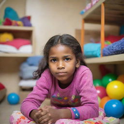 A compassionate image of a young girl in a warm, safe environment of a shelter for street children, featuring her hopeful expression, comfortable furnishing, colorful toys, and safe living conditions