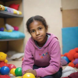 A compassionate image of a young girl in a warm, safe environment of a shelter for street children, featuring her hopeful expression, comfortable furnishing, colorful toys, and safe living conditions