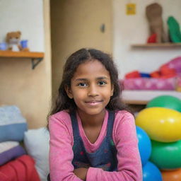 A compassionate image of a young girl in a warm, safe environment of a shelter for street children, featuring her hopeful expression, comfortable furnishing, colorful toys, and safe living conditions