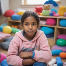 A compassionate image of a young girl in a warm, safe environment of a shelter for street children, featuring her hopeful expression, comfortable furnishing, colorful toys, and safe living conditions