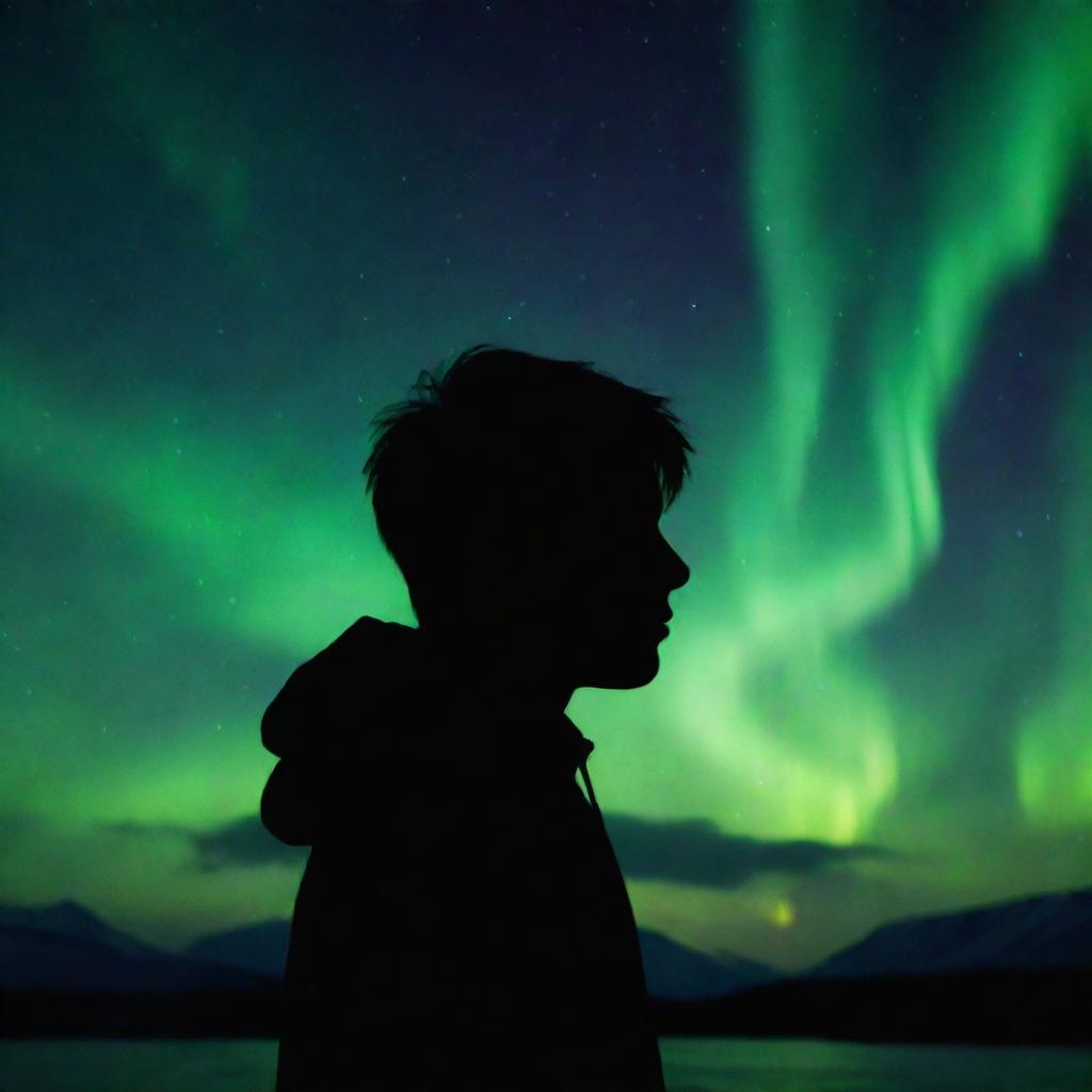 A silhouette of a heartbroken boy under the captivating aurora borealis, his face hidden, adding a layer of anonymity and mystery to his emotion.