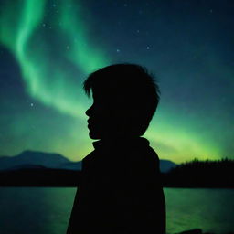 A silhouette of a heartbroken boy under the captivating aurora borealis, his face hidden, adding a layer of anonymity and mystery to his emotion.