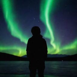 A silhouette of a heartbroken boy under the captivating aurora borealis, his face hidden, adding a layer of anonymity and mystery to his emotion.