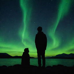 A silhouette of a heartbroken boy under the captivating aurora borealis, his face hidden, adding a layer of anonymity and mystery to his emotion.