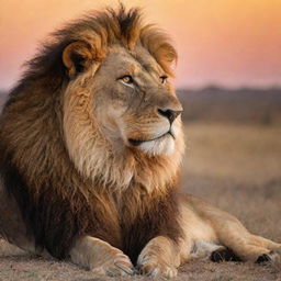 A majestic, powerful lion with a rich mane, resting on the plains of the African savannah during sunset.