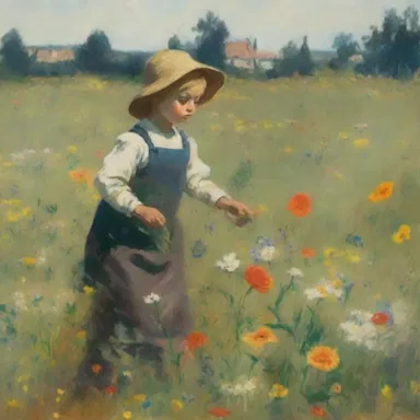 The painting depicted a child playing in a field of flowers.