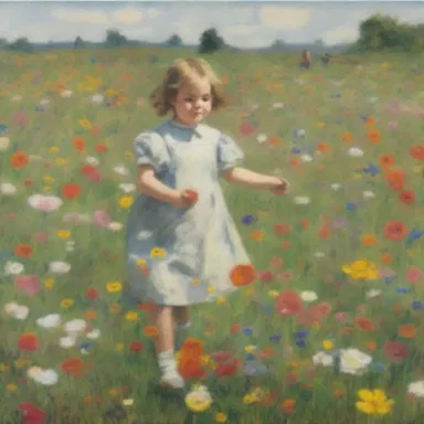 The painting depicted a child playing in a field of flowers.