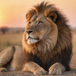 A majestic, powerful lion with a rich mane, resting on the plains of the African savannah during sunset.