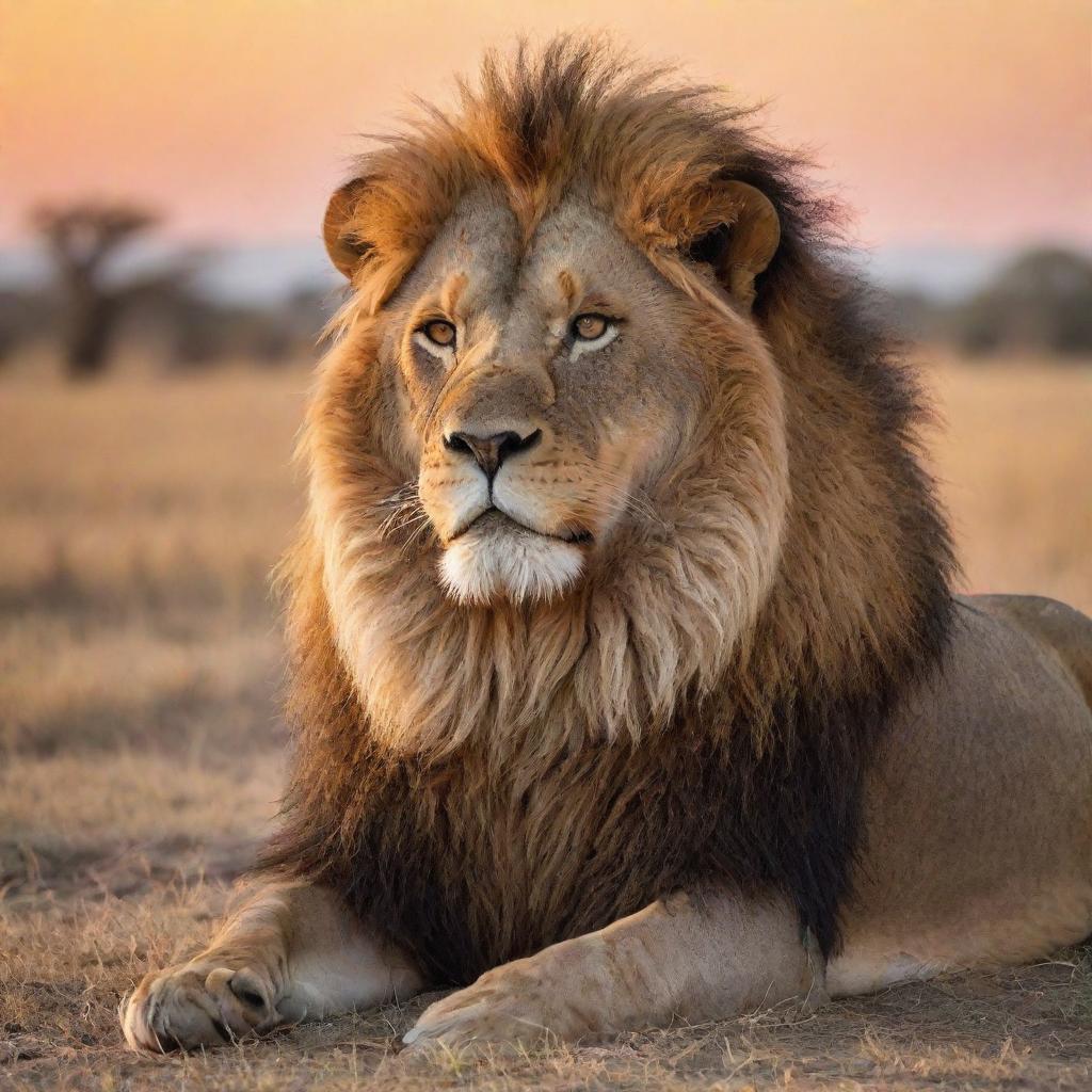 A majestic, powerful lion with a rich mane, resting on the plains of the African savannah during sunset.