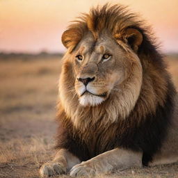 A majestic, powerful lion with a rich mane, resting on the plains of the African savannah during sunset.